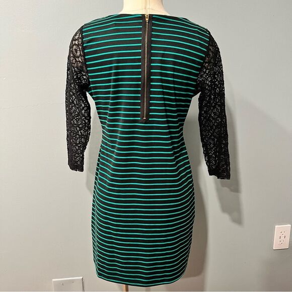 Loveappella x A Pea in the Pod Green & Black Stripe Dress Sheer Lace Sleeves Med - Picture 3 of 6
